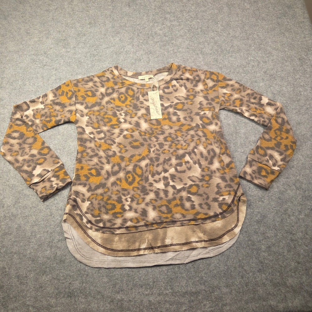 Mystree Sz M Leopard Print French Terry Sweatshirt Raw Hem Crew Grey Mustard